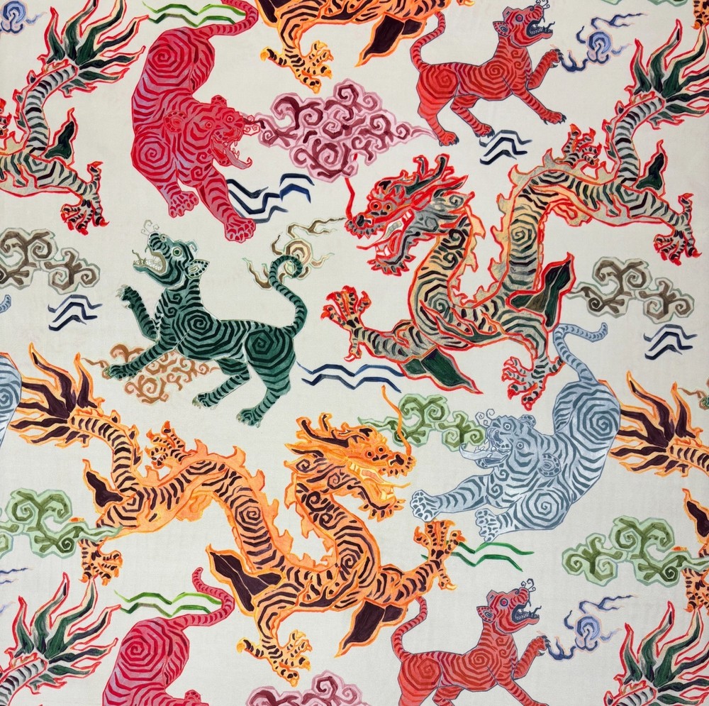 HAMILTON TIBETAN TIGER NATURAL DRAGONS PRINTED VELVET FABRIC BY THE YARD 54″W