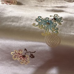 Asian brocade fabric Silver with yellow, pink, Blue,flowers. Wide 28” BTY