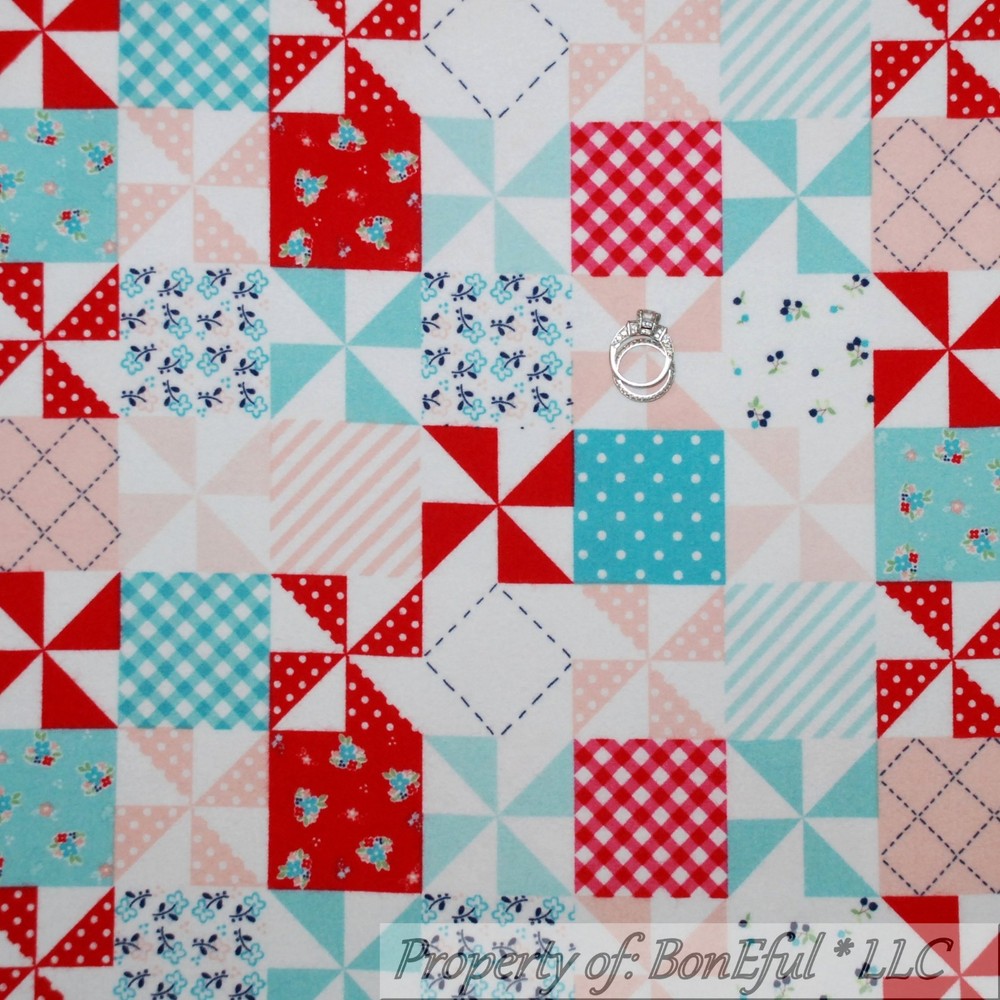 BonEful Fabric FQ Flannel Cotton Quilt Red White Blue US Patchwork Flower Calico