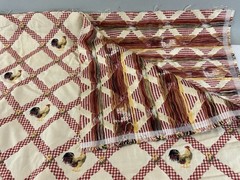 Embroidered Roosters Red & White Gingham Lattice on Ivory Upholstery Fabric 1 yd
