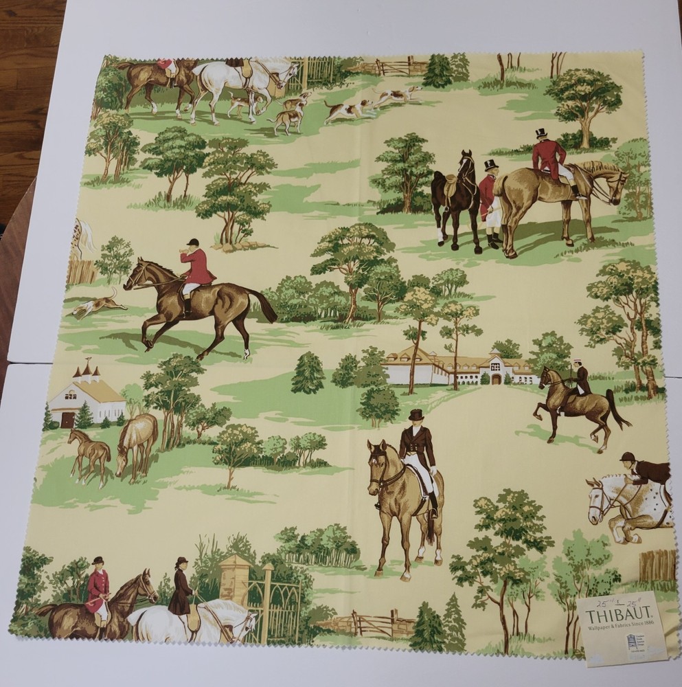 THIBAUT LT Yellow CASTLE PINE EQUESTRIAN Horsed 25″ Square Cotton Sateen Fabric