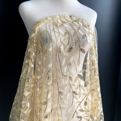 100*125cm Champagne Shining Sequin Tree Leaf Embroidered Fabric Dress Material.