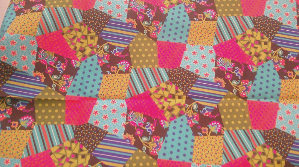 Fabric Benartex “Celebration 3” Crazy Patchwork Design Aqua, Moss Green $4.25