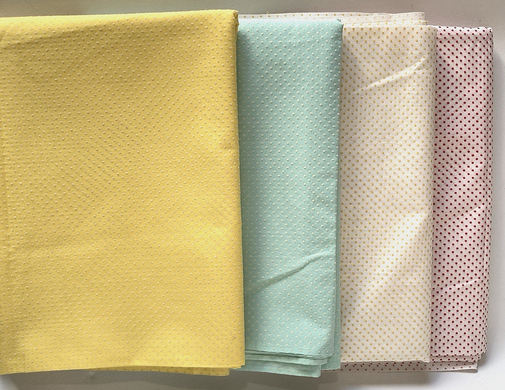 Vintage Yellow Red Mint Green White Flocked Swiss Dot Cotton Fabric 6 + yds