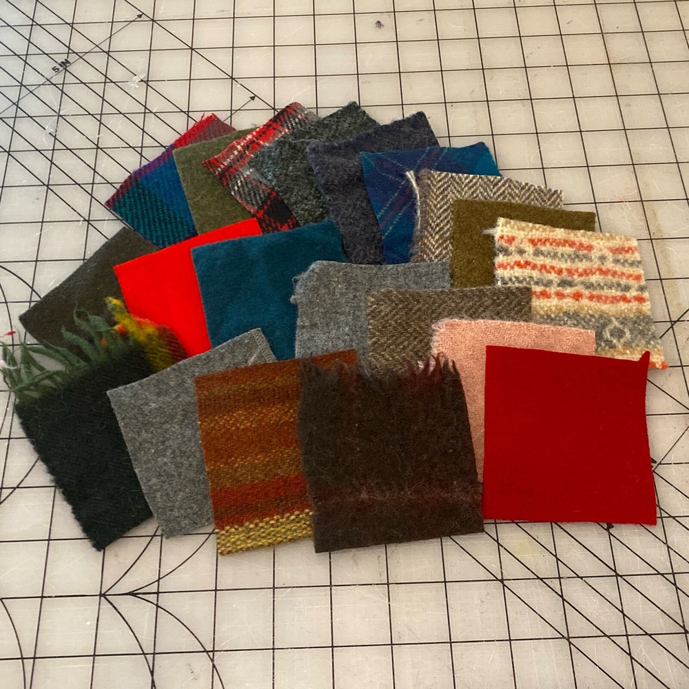 Vintage wool fabric lot of 20 squares – 3 inch crafts wool felted herringbone
