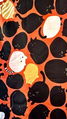 Black Cat Print, Orange Fabric, Ikea LAKEMALVA 59×118″ (150x300cm)