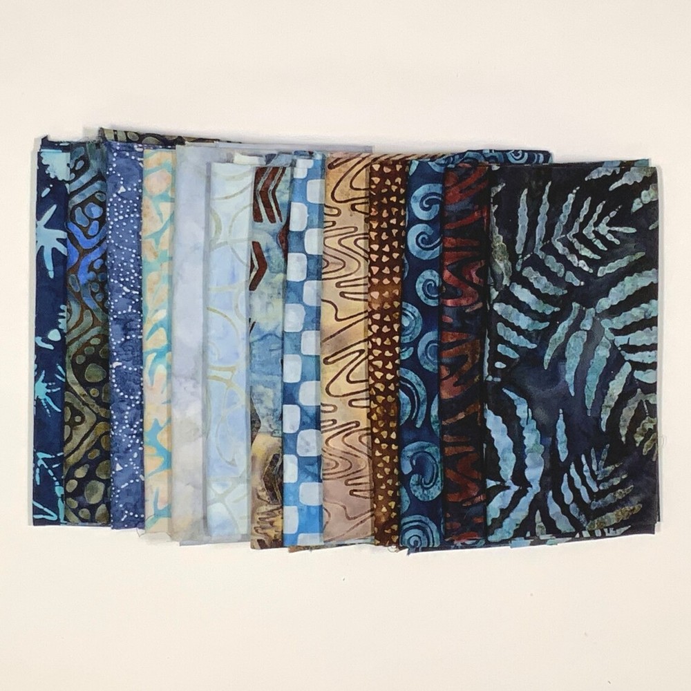 POUND PACK PLUS #1149 100% Cotton Batiks & Handpaint Fabric Scrap Blue Brown Tan