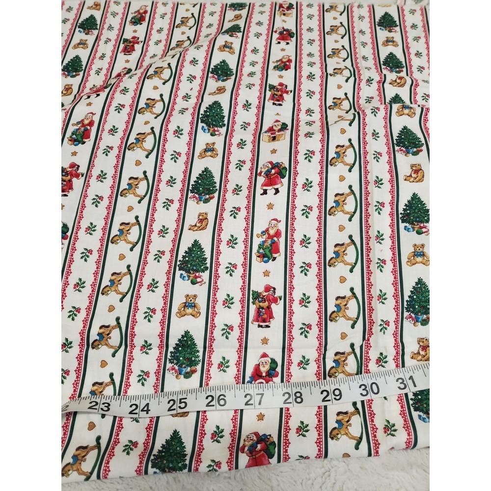 Vintage Christmas Stripe Tree Bear Santa Cottage Retro Cotton Fabric 2 yards