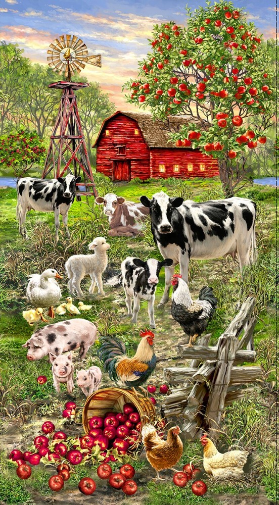 Farm Life Animals Barn Scenic Cotton Fabric Timeless Treasures C8335 24″ Panel