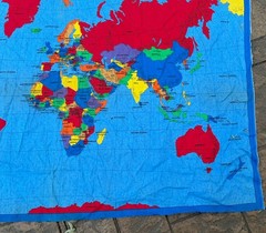 Vintage Sewing Fabric Traditions World Map Panel 1990s Blue & Brights 35×60”