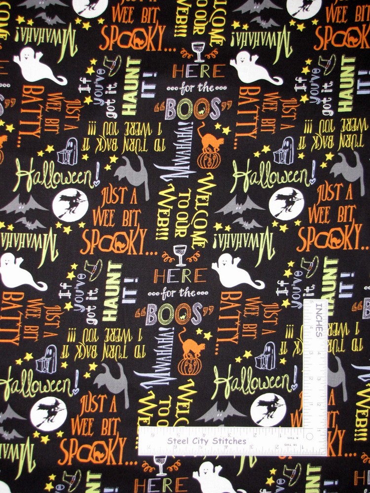 Halloween Cat Ghost Words Black Cotton Fabric Wilmington Here For The Boos Yard
