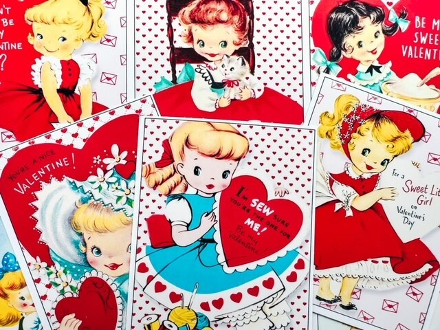 Set of 9 Vintage Retro Little Girl Valentine Hearts Quilt Cotton FABRIC Panels