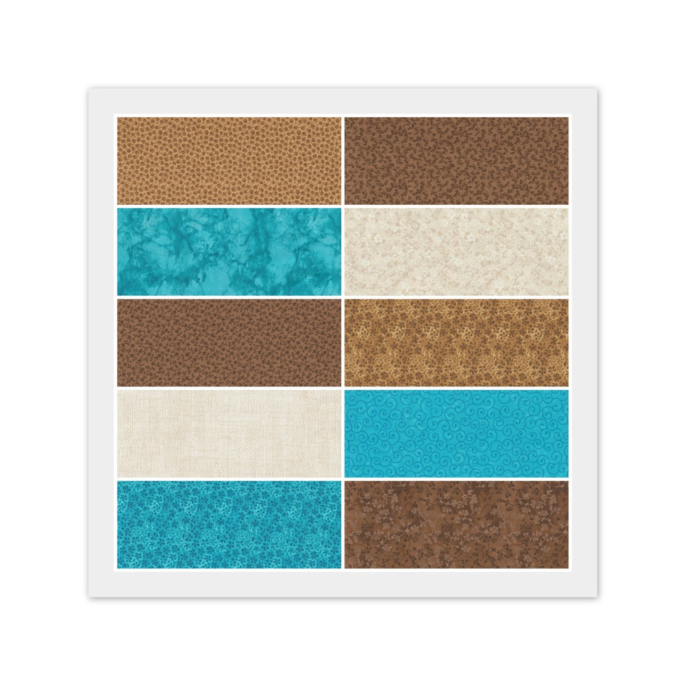 Turquoise Blue Brown CHARM PACK: 40) 5″ x 5″ Squares, 100% Cotton Fabric