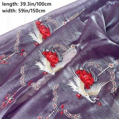 Retro Chiffon Fabric Embroidered Crane Floral Cloth Craft for Hanfu Curtain DIY