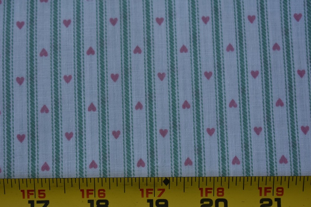 30″ Long, Vintage, Dusty-Rose Hearts & Green Stripes on Cream Quilt Cotton,P699