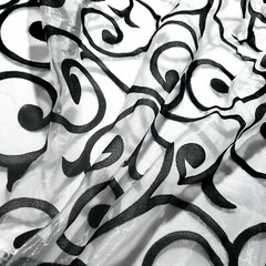 Elegant Black Swirls Filigree Vines Flocked Organza Fabric 58″ By The Yard
