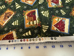 Wintery Days – Barns & Trees on Dark Green cotton Fabric per yd quilt / sew 44″
