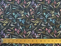 SCISSORS SEWING MEASURING TAPES SCISSOR VARIETY COLORS BLACK COTTON FABRIC FQ
