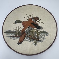 Vtg Set of 3 Hoop Fabric Wall Art Mallard Duck Decor Ruffled Lace Round Cabin