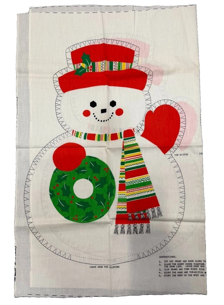 Vintage Cut & Sew Fabric Panel Pillow Winter Holiday Snowman Spring Mills