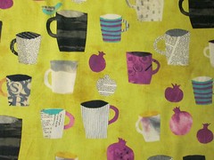 MOD COFFEE CUPS TEA CUP NEWSPAPER MUGS TEAL BLUE DRINKS COTTON FABRIC FQ