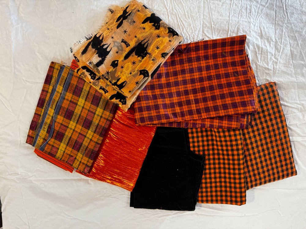 Halloween Fabric Lot 14- Plaid Checks Black Cats Orange Quilt Sewing Dolls Craft