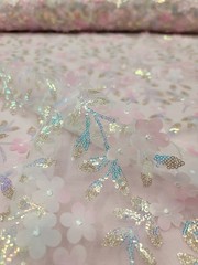 Blush Pink Lace Fabric 3D Floral Iridescent Sequins Embroidery Sold by Yard