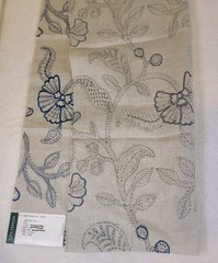 G P & J Baker Fabric Sample Blue Tan 100% Linen 20 1/2″ X 20 1/2″ Embroidered