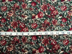 1 yd 100% Cotton Fabric Dark Green with Dark Red, Taupe & White Flowers