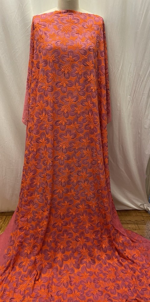 Silk Cotton Blend Embroidered Batiste Vibrant Orange Purple 3 Yds 34″ Long 56″W