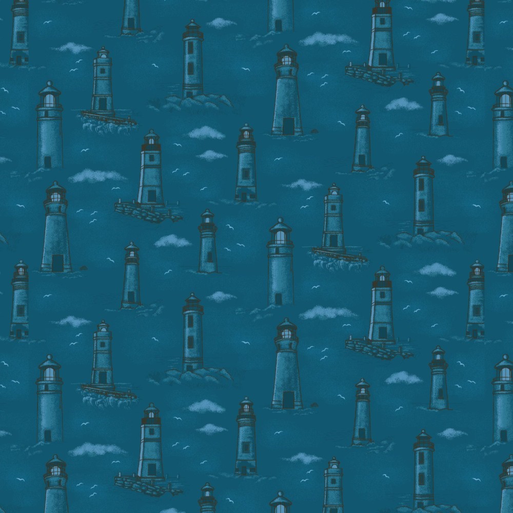 Coastal Guardians Monochromatic Lighthouses Cotton Fabric