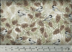 Realistic Chickadees Pinecones w/ Silver Metallic 100% Cotton Quilt Fabric BTY