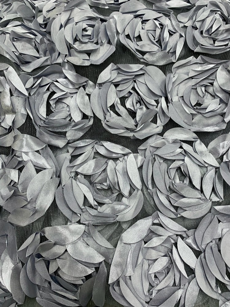 Maci GREY 3D Floral Polyester Satin Rosette on Mesh Fabric by the Yard – 10057