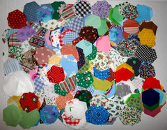 Lot of 900 Hexagon Quilt Pieces Prints Solids Christmas Florals & Template