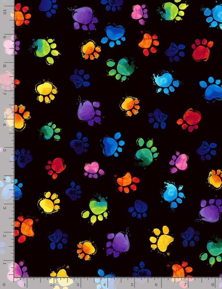 Animal Fabric – Rainbow Paint Paw Print Toss Black – Timeless Treasures YARD