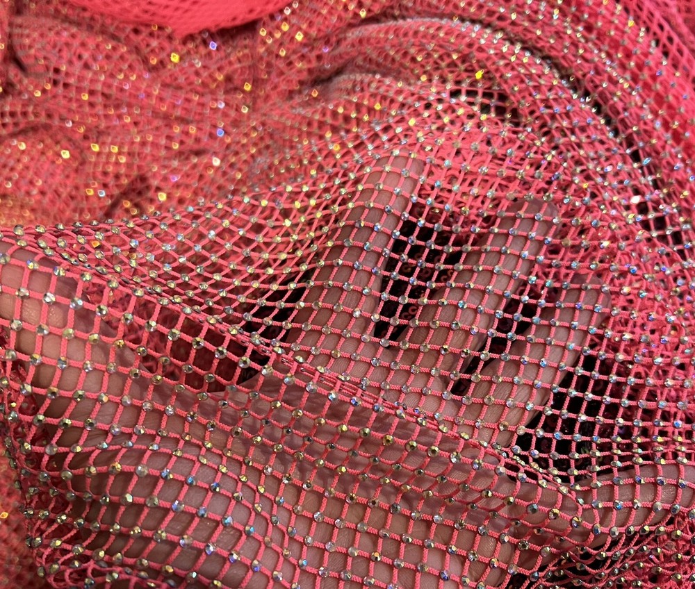 Neon Pink Crystal rhinestone 4way stretch mesh fabric 48” width sold by the yard