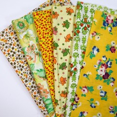 Vtg Fabric LOT Yellow Scraps Remnants Floral 1970s Prints Novelty Cats Cotton