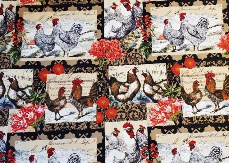 French Country Rustic Rooster Hen & Floral Patchwork David Textiles 22″x14″