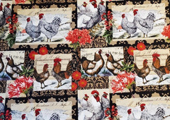 French Country Rustic Rooster Hen & Floral Patchwork David Textiles 22″x14″