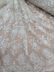 Fabric Sold By The Yard Off White Floral Flowers Beaded Bridal Lace Embroidery