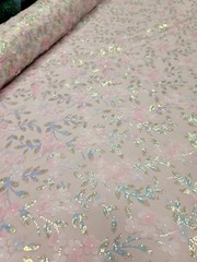 Blush Pink Lace Fabric 3D Floral Iridescent Sequins Embroidery Sold by Yard