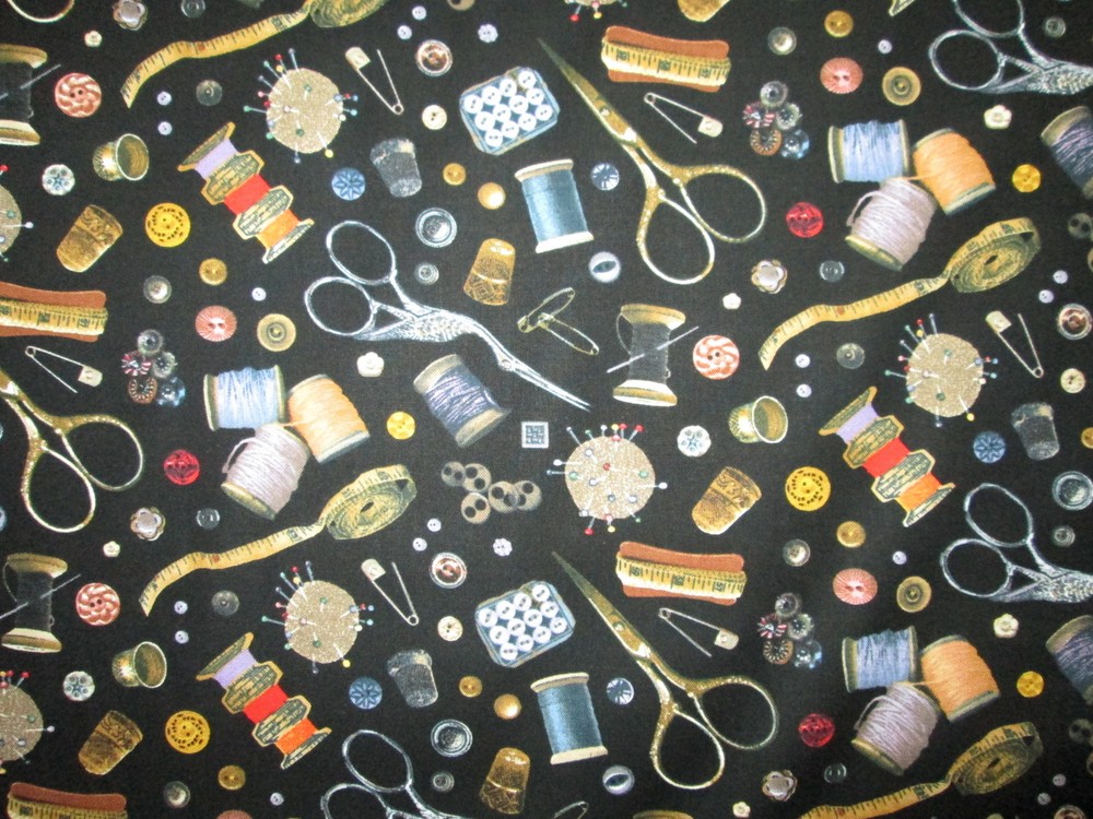 SEWING ITEMS THREAD SCISSORS MEASURING TAPE PIN CUSHION BLACK COTTON FABRIC FQ