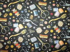 SEWING ITEMS THREAD SCISSORS MEASURING TAPE PIN CUSHION BLACK COTTON FABRIC FQ