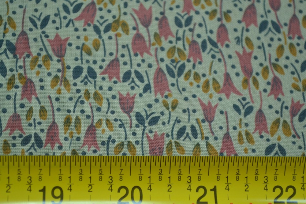 By 1/2 Yd, Vintage, Pink Navy & Gold Calico on Blue-Gray PolyCotton Fabric, D520