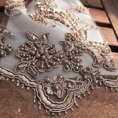 Jayla TAUPE Floral Embroidery with Beads and Sequins on Mesh Lace Fabric by the