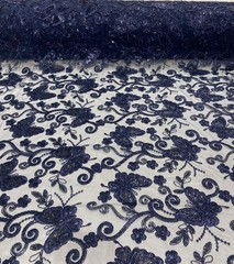 Navy Butterfly Sequin Lace Fabric – 3D Embroidered Floral Mesh Couture Beaded