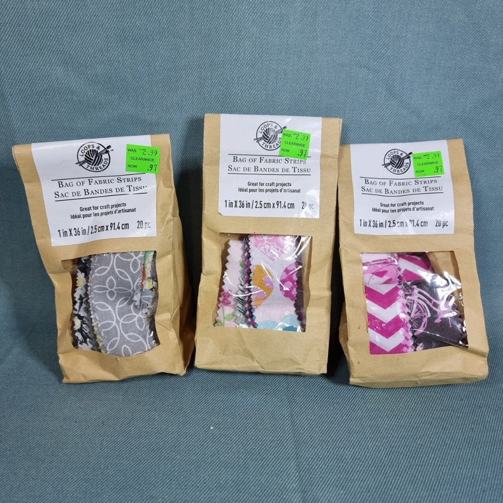 Set 3pc Loops Threads Bag of Fabric Strips 1in x 36in total 60pc