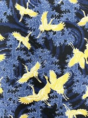 Japanese fabric small cranes birds art deco blue gold heron stork asian chinese