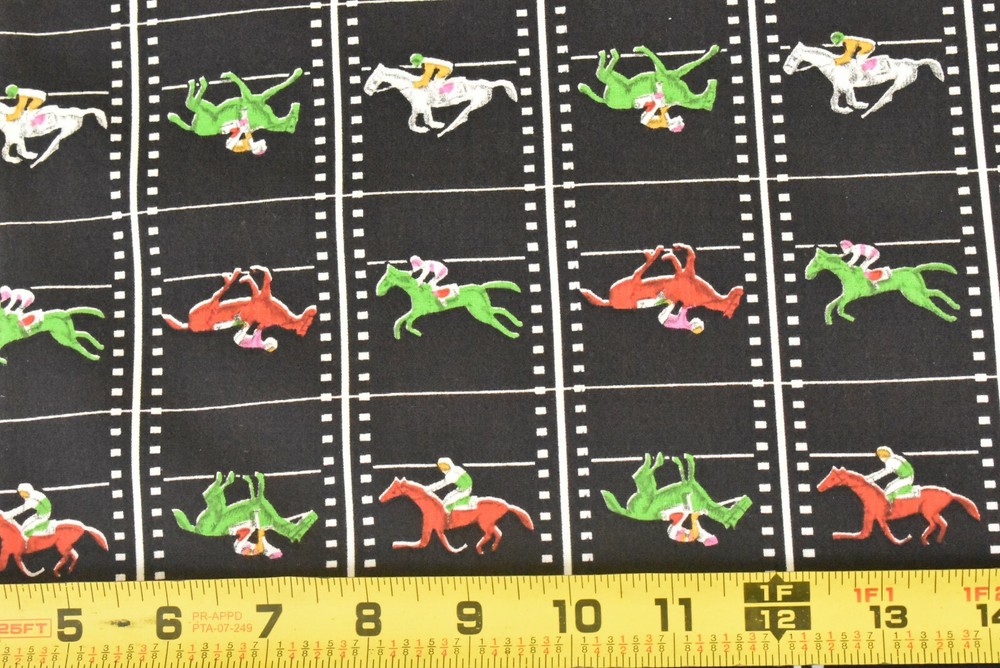 By 1/2 Yd, Red Green White Racehorses on Black Quilt Cotton, Goldinger, B1436