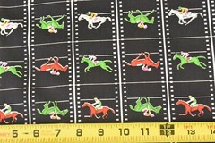 By 1/2 Yd, Red Green White Racehorses on Black Quilt Cotton, Goldinger, B1436
